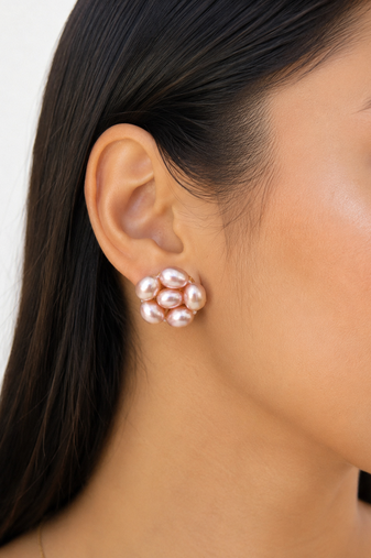 Freshwater pearl cluster stud earrings, pink, gold tone