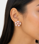 Freshwater pearl cluster stud earrings, pink, gold tone