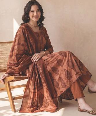 Women Ethnic Motifs Printed Empire Sequinned  Cotton Kurta with Trousers & With Dupatta 1