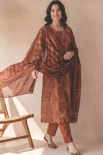 Women Ethnic Motifs Printed Empire Sequinned Pure Cotton Kurta with Trousers & With Dupatta