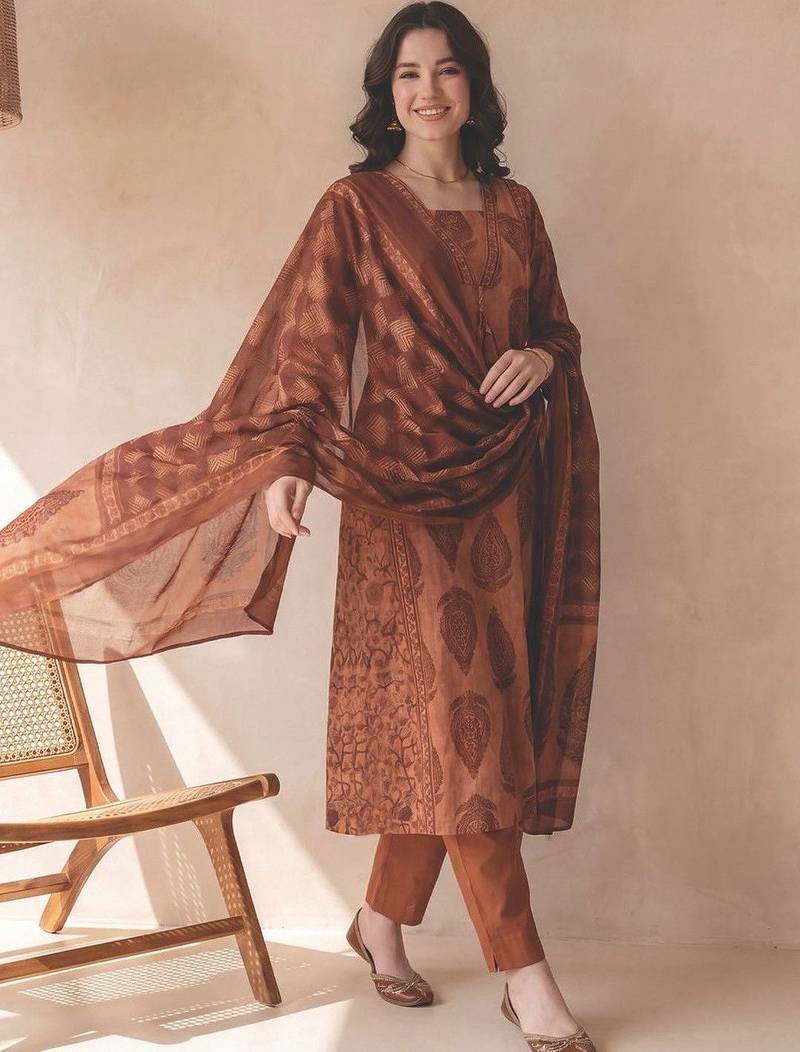 Women Ethnic Motifs Printed Empire Sequinned  Cotton Kurta with Trousers & With Dupatta