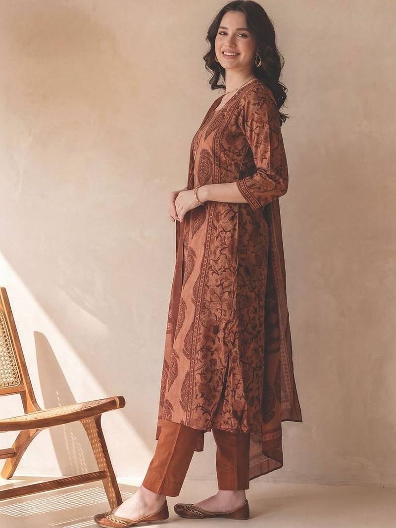 Women Ethnic Motifs Printed Empire Sequinned  Cotton Kurta with Trousers & With Dupatta