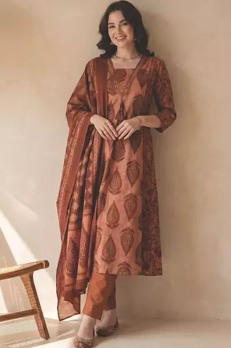 Women Ethnic Motifs Printed Empire Sequinned Pure Cotton Kurta with Trousers & With Dupatta