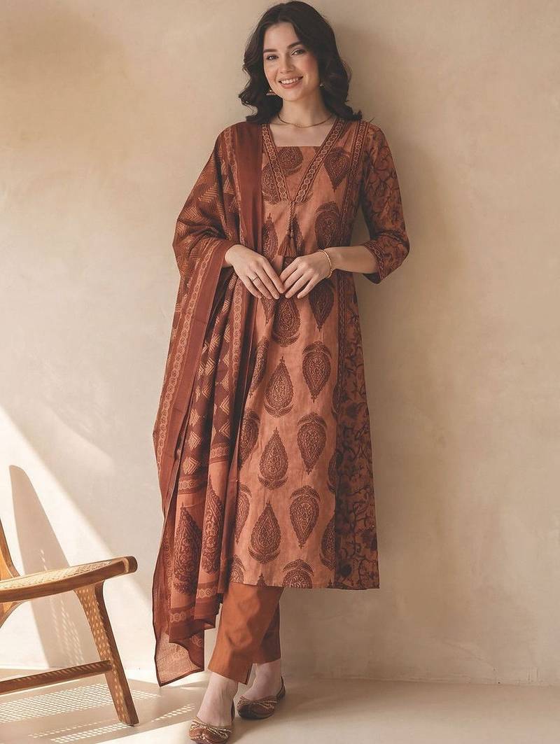 Women Ethnic Motifs Printed Empire Sequinned  Cotton Kurta with Trousers & With Dupatta