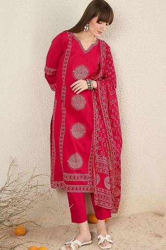 Women Ethnic Motifs Printed Regular  Cotton Kurta with Trousers & With Dupatta