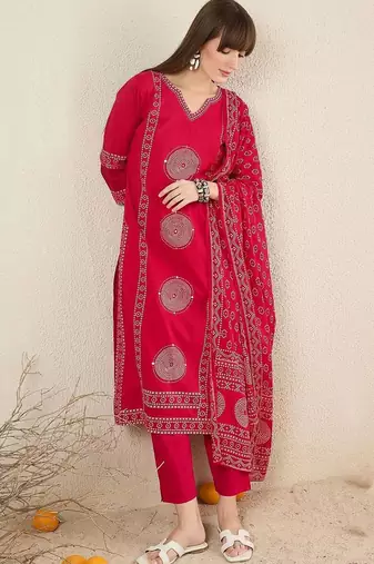 Women Ethnic Motifs Printed Regular Pure Cotton Kurta with Trousers & With Dupatta