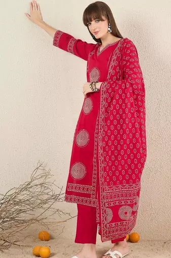 Women Ethnic Motifs Printed Regular Pure Cotton Kurta with Trousers & With Dupatta