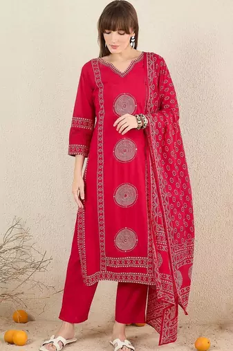 Women Ethnic Motifs Printed Regular Pure Cotton Kurta with Trousers & With Dupatta