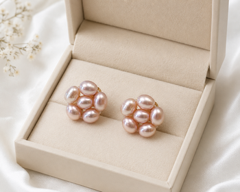 Freshwater pearl cluster stud earrings, pink, gold tone 2