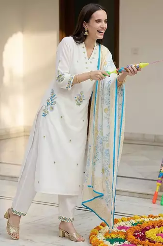 Floral Embroidered Thread Work  Cotton Kurta With Trouser & Dupatta