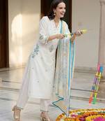 Floral Embroidered Thread Work  Cotton Kurta With Trouser & Dupatta