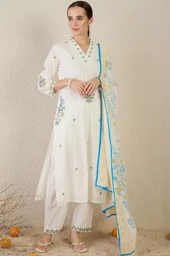 Floral Embroidered Thread Work  Cotton Kurta With Trouser & Dupatta