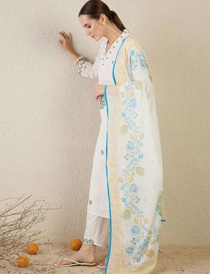 Floral Embroidered Thread Work  Cotton Kurta With Trouser & Dupatta 4