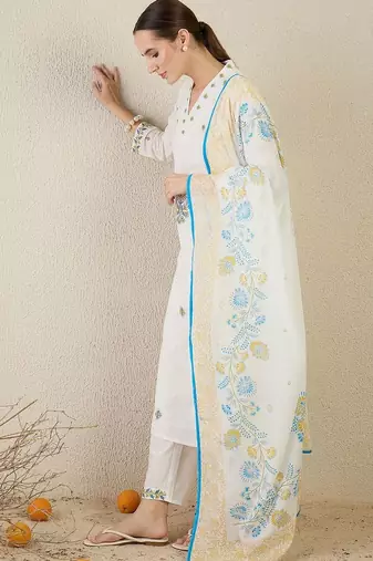 Floral Embroidered Thread Work  Cotton Kurta With Trouser & Dupatta