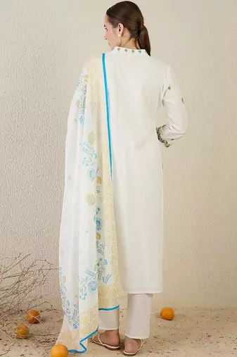 Floral Embroidered Thread Work  Cotton Kurta With Trouser & Dupatta