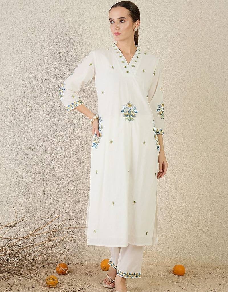 Floral Embroidered Thread Work  Cotton Kurta With Trouser & Dupatta