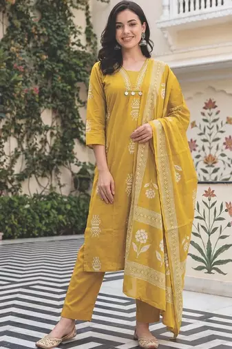 Women Printed Regular  Cotton Kurta with Palazzos & With Dupatta