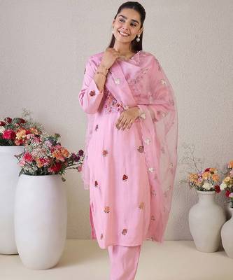 Floral Embroidered Round Neck Thread Work Straight Kurta & Trousers & Dupatta 5