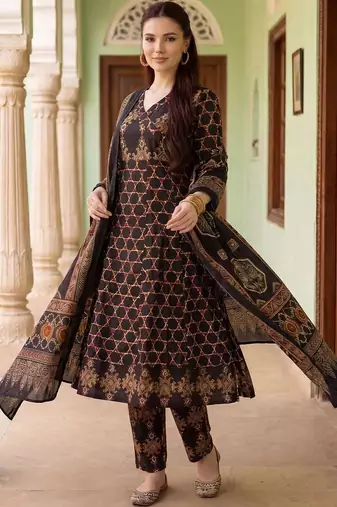 Women Ethnic Motifs Printed Regular  Cotton Kurta with Trousers & With Dupatta