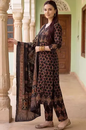 Women Ethnic Motifs Printed Regular  Cotton Kurta with Trousers & With Dupatta