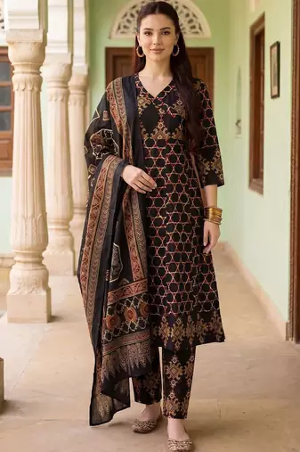Women Ethnic Motifs Printed Regular  Cotton Kurta with Trousers & With Dupatta
