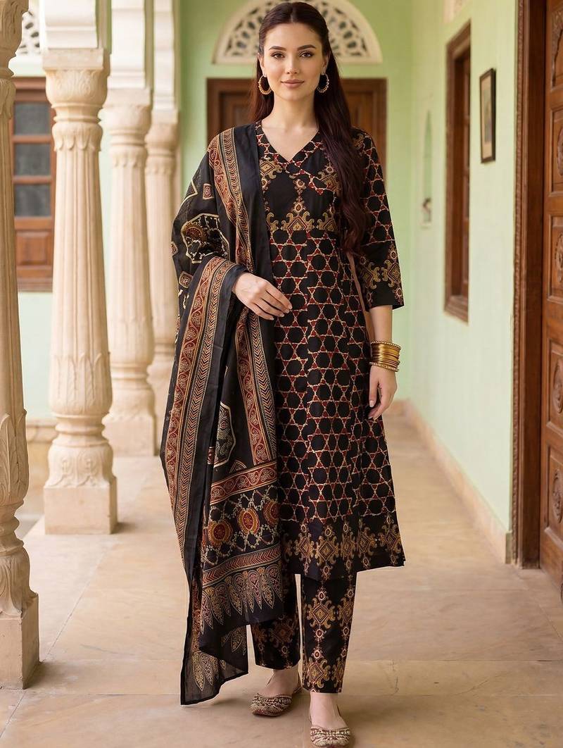 Women Ethnic Motifs Printed Regular  Cotton Kurta with Trousers & With Dupatta