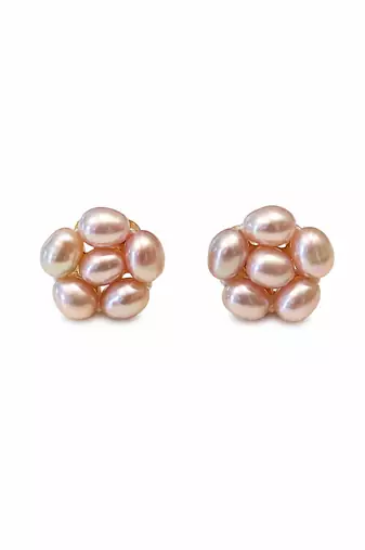 Freshwater pearl cluster stud earrings, pink, gold tone