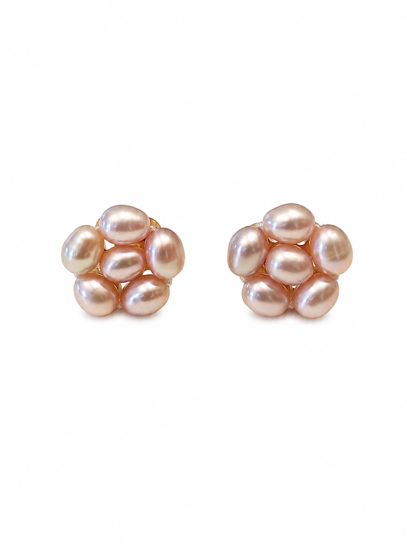 Freshwater pearl cluster stud earrings, pink, gold tone
