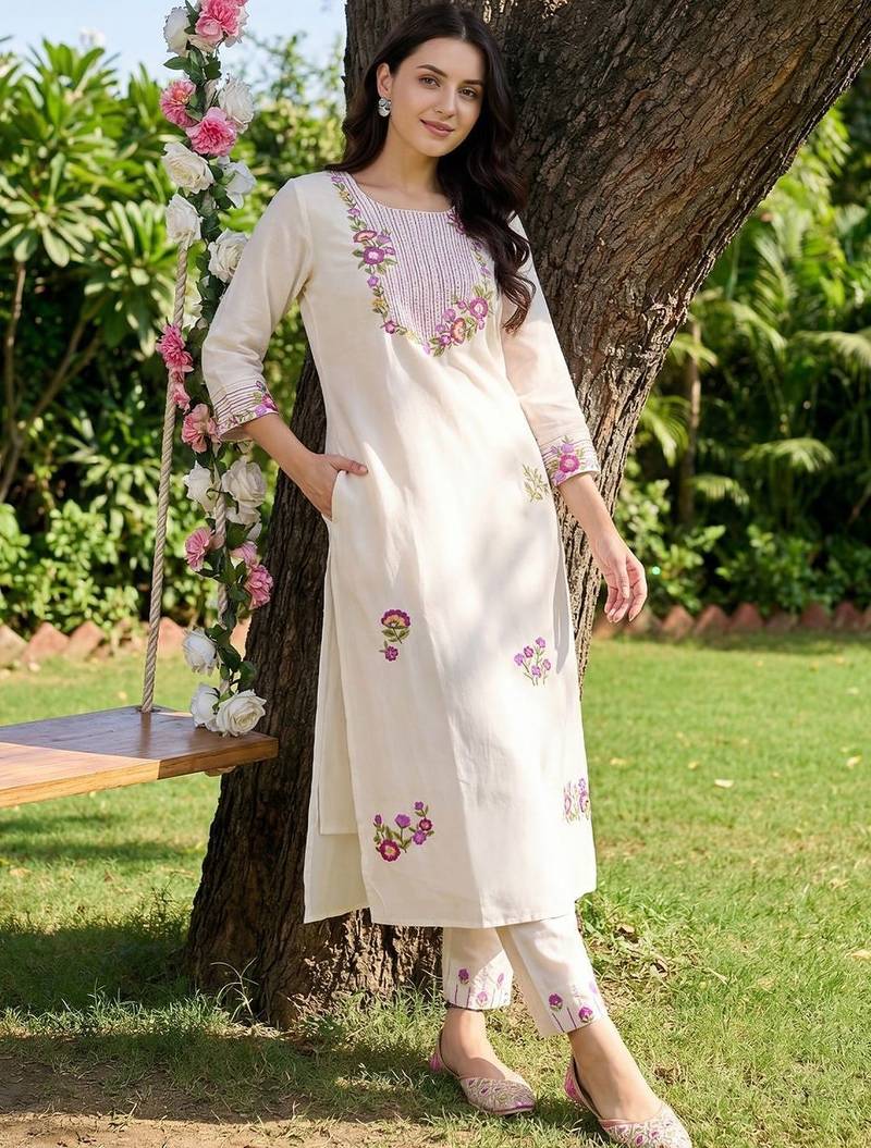 Women Floral Embroidered Regular Thread Work Kurta with Trousers