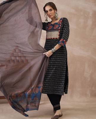 Women Ethnic Motifs Printed Regular  Cotton Kurta with Trousers & With Dupatta 1