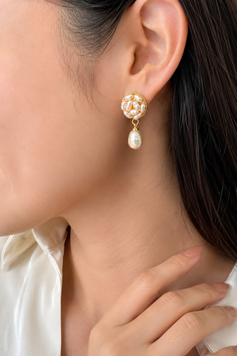 Freshwater pearl cluster ball drop earrings with gold tone
