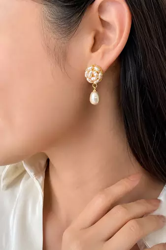 Freshwater pearl cluster ball drop earrings with gold tone