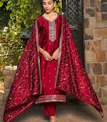Ethnic Motifs Embroidered V-Neck Thread Work Kurta with Trousers & Dupatta