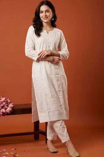 Women Ethnic Motifs Embroidered Regular Chikankari Kurta with Trousers