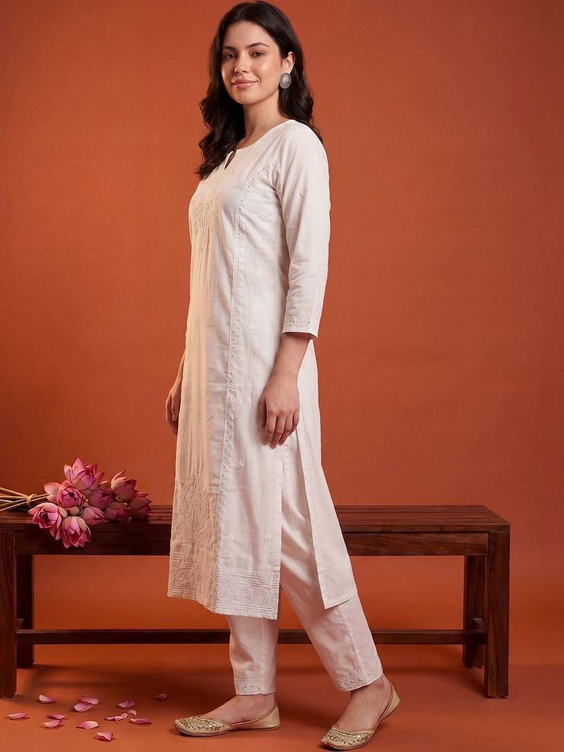 Women Ethnic Motifs Embroidered Regular Chikankari Kurta with Trousers