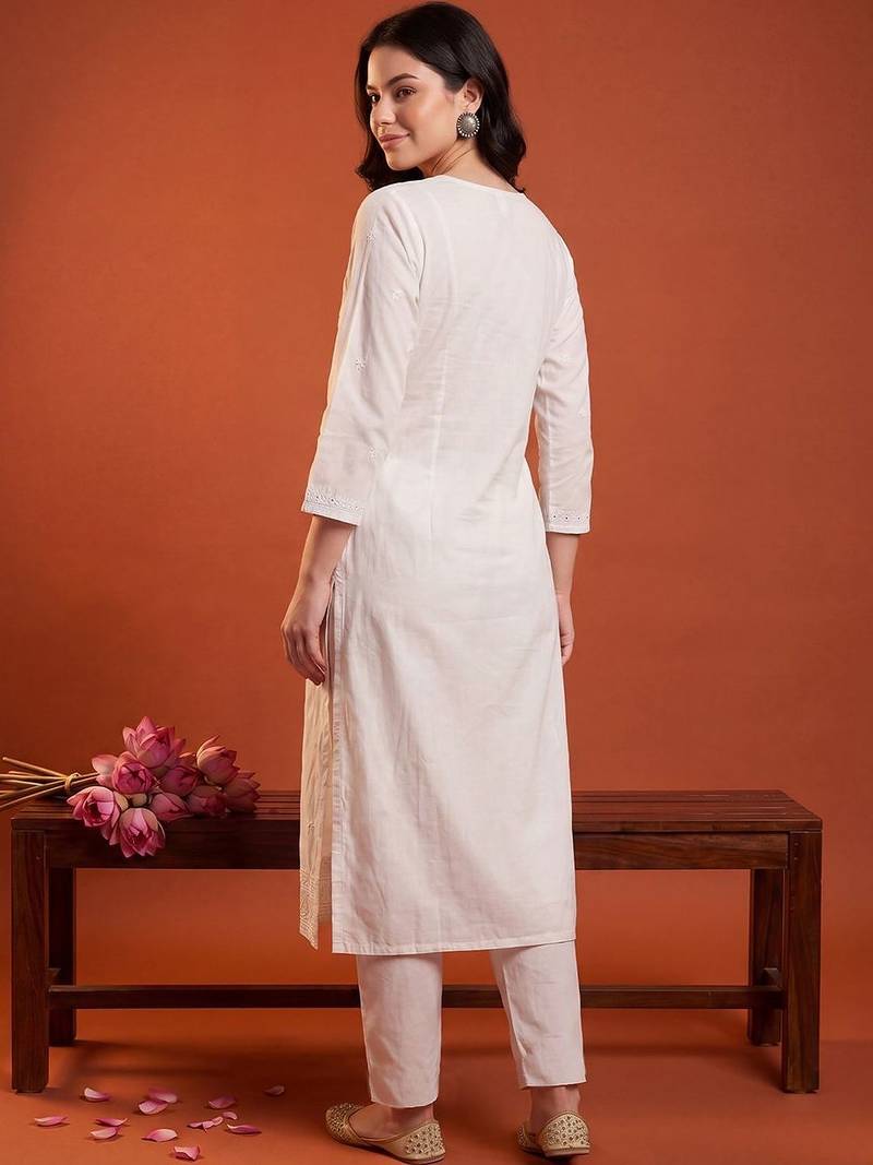 Women Ethnic Motifs Embroidered Regular Chikankari Kurta with Trousers