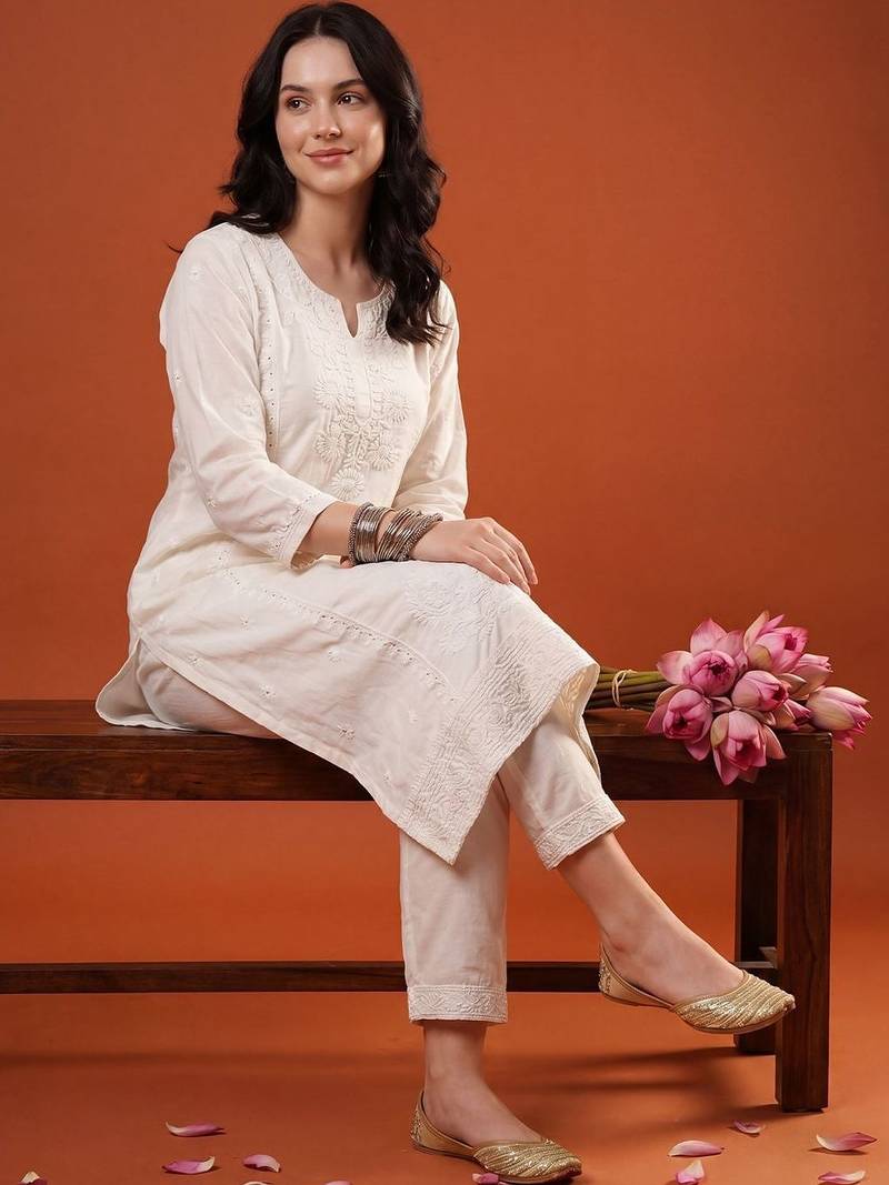 Women Ethnic Motifs Embroidered Regular Chikankari Kurta with Trousers