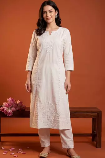 Women Ethnic Motifs Embroidered Regular Chikankari Kurta with Trousers