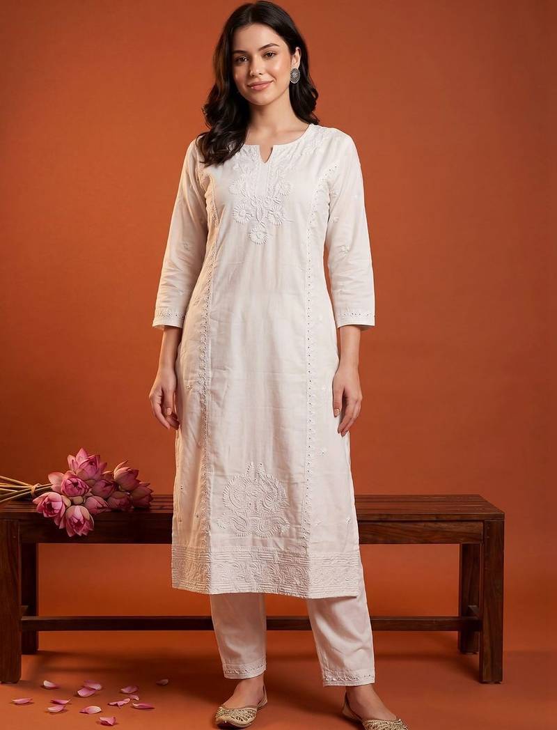 Women Ethnic Motifs Embroidered Regular Chikankari Kurta with Trousers