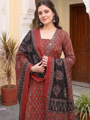 Women Ethnic Motifs Printed Regular Mirror Work  Cotton Kurta with Trousers & With Dupatta 1