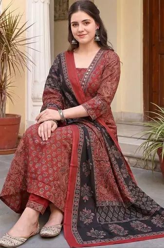 Women Ethnic Motifs Printed Regular Mirror Work  Cotton Kurta with Trousers & With Dupatta