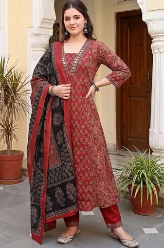 Women Ethnic Motifs Printed Regular Mirror Work  Cotton Kurta with Trousers & With Dupatta