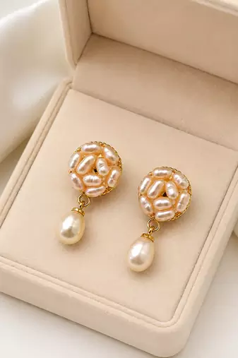 Freshwater pearl cluster ball drop earrings with gold tone