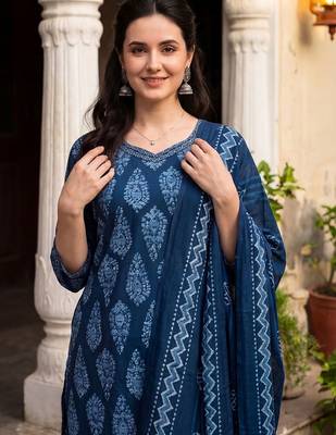 Women Ethnic Motifs Printed Regular  Cotton Kurta with Trousers & With Dupatta 2