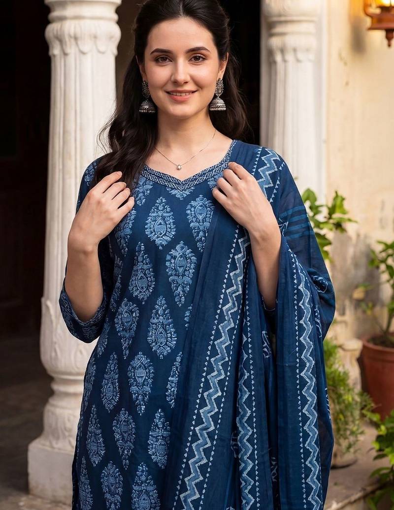Women Ethnic Motifs Printed Regular  Cotton Kurta with Trousers & With Dupatta