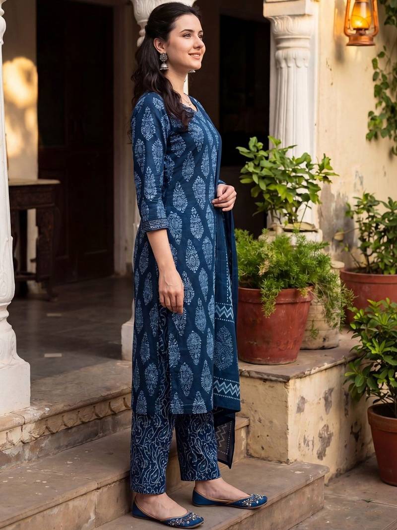 Women Ethnic Motifs Printed Regular  Cotton Kurta with Trousers & With Dupatta