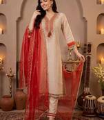 Women Ethnic Motifs Embroidered Regular Thread Work Kurta with Trousers & With Dupatta