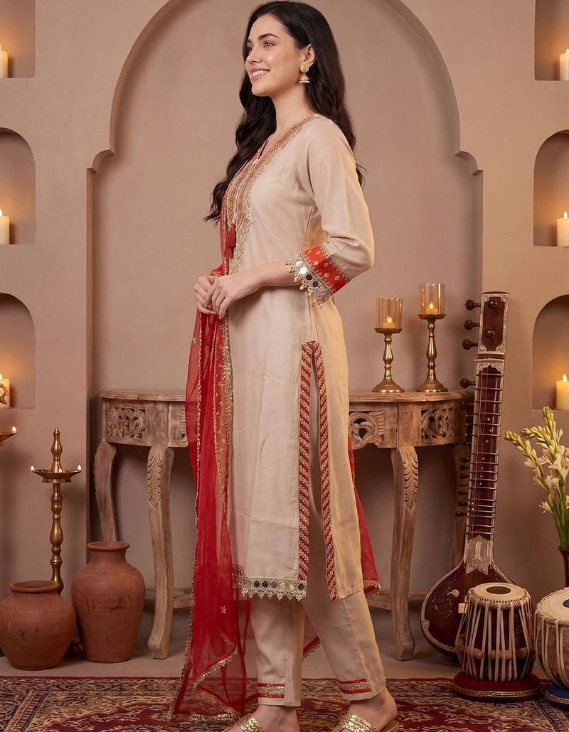 Women Ethnic Motifs Embroidered Regular Thread Work Kurta with Trousers & With Dupatta