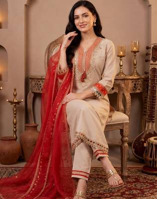 Women Ethnic Motifs Embroidered Regular Thread Work Kurta with Trousers & With Dupatta 5