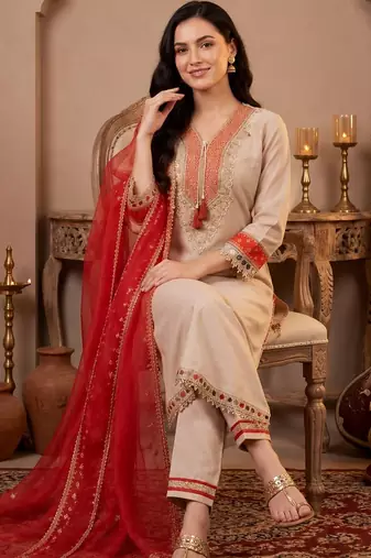 Women Ethnic Motifs Embroidered Regular Thread Work Kurta with Trousers & With Dupatta